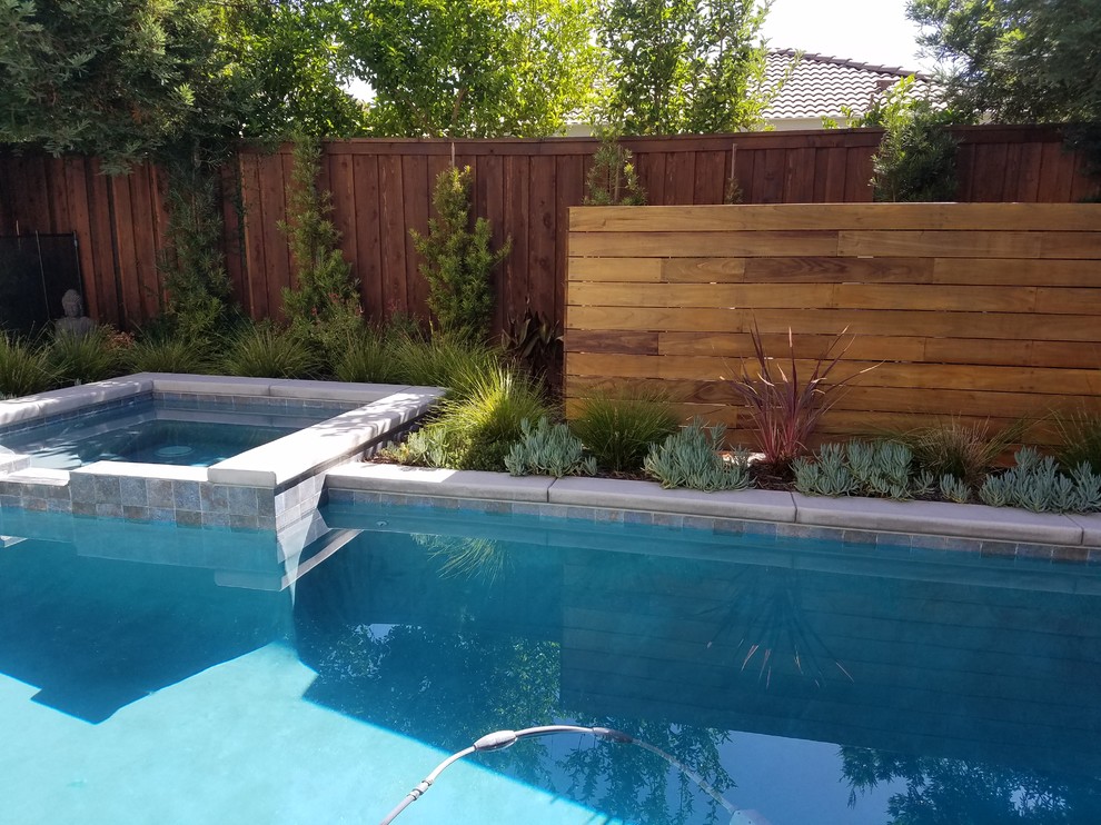 Design ideas for a small contemporary backyard custom-shaped pool in Sacramento with a hot tub and decking.