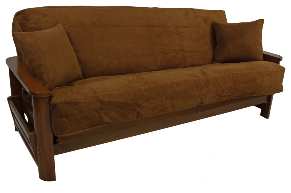 Full Futon Cover With Throw Pillows, 3Piece Set, Saddle Brown