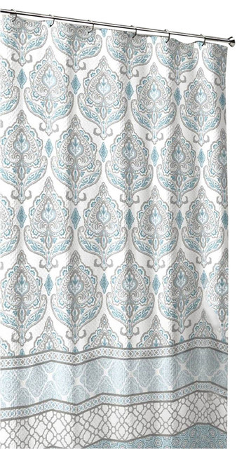 Aqua Grey White Fabric Shower Curtain Decorative Floral Paisley Damask Design N 