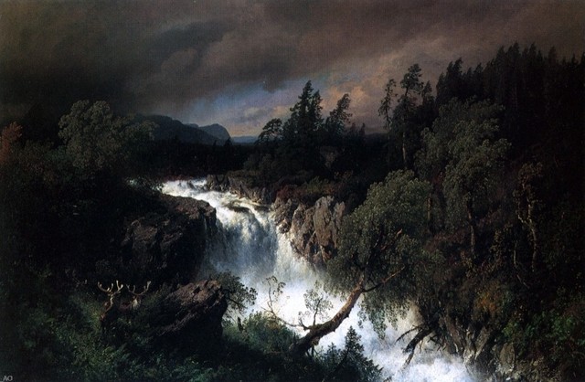 Herman Herzog Mountain Landscape and Waterfall Print