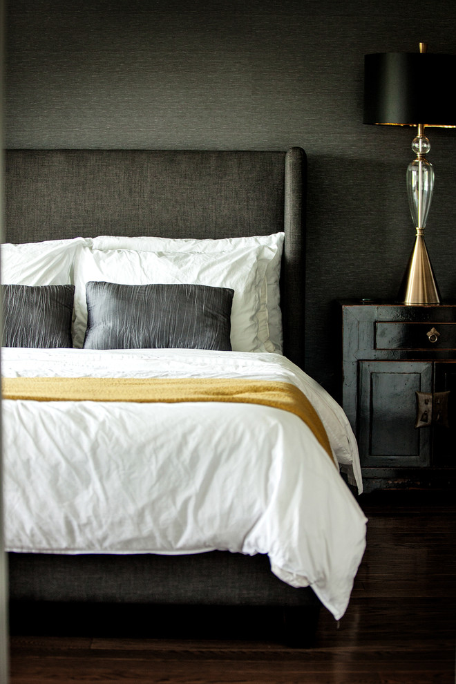 Inspiration for a contemporary guest bedroom in Toronto with grey walls and dark hardwood floors.