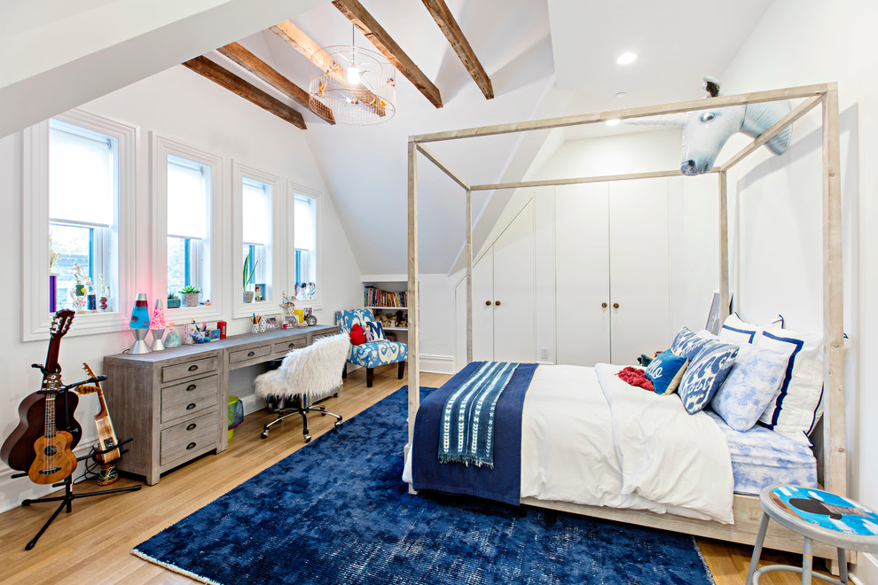 Inspiration for a large transitional kids' room for girls in New York with white walls, light hardwood floors and beige floor.