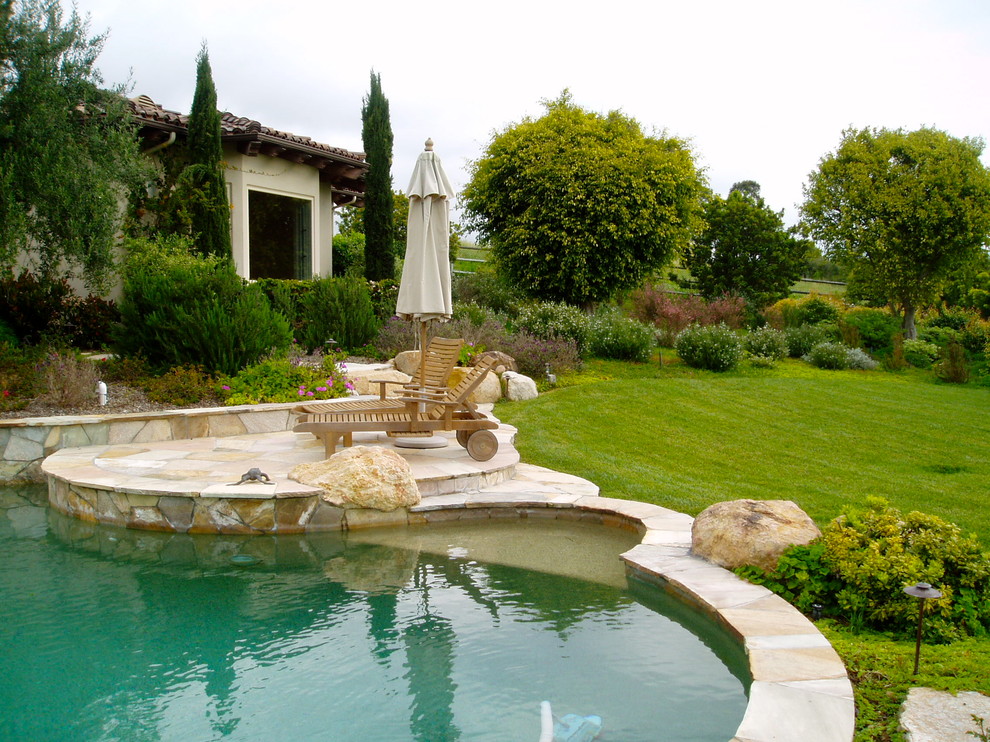 Design ideas for a large mediterranean backyard custom-shaped pool in San Diego with a hot tub and natural stone pavers.