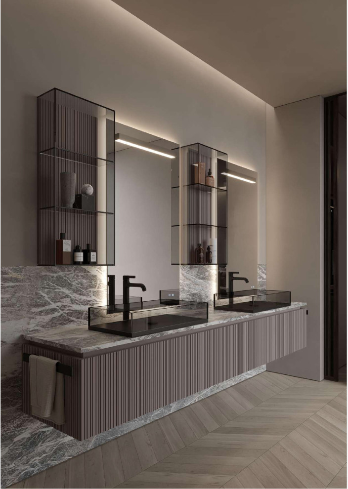 Large contemporary master bathroom in Other with flat-panel cabinets, grey cabinets, grey walls, light hardwood floors, a vessel sink, engineered quartz benchtops, beige floor, grey benchtops, a double vanity and a floating vanity.