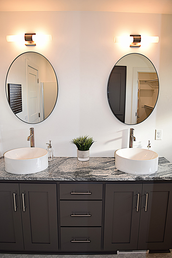 Inspiration for a mid-sized master double-sink bathroom remodel with recessed-panel cabinets, gray cabinets and a floating vanity