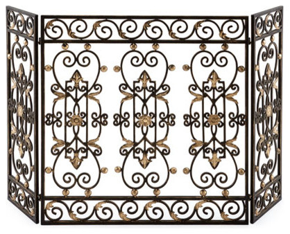 Elegant Gold Bronze Three Panel Iron Gate Firescreen Fireplace