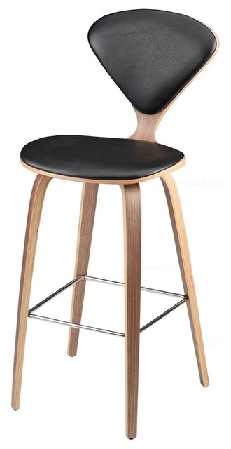 Satine Bar Stool, Molded Plywood Barstool, Leather Seat, Walnut Frame, Black