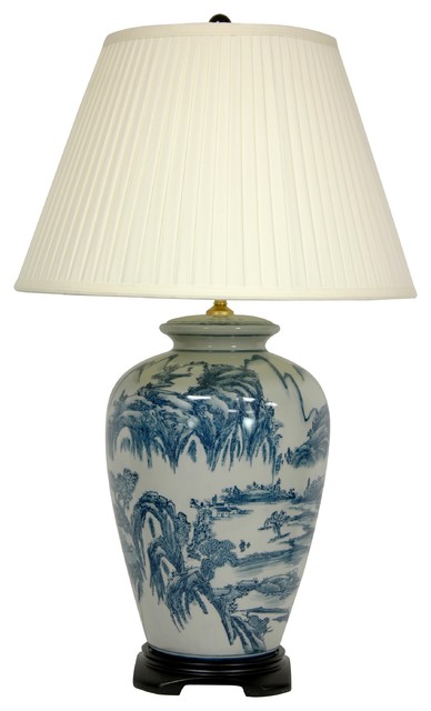 29" Blue and White Chinese Landscape Lamp