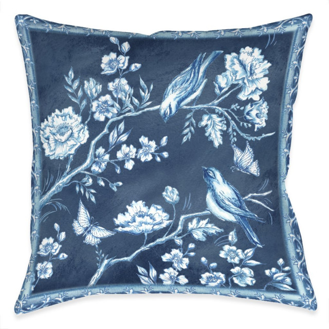 Chinoiserie Birds Outdoor Pillow, 18"x18" Contemporary Outdoor