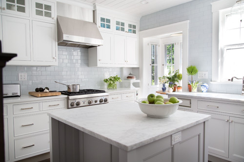 White kitchen featuring Carrara marble 