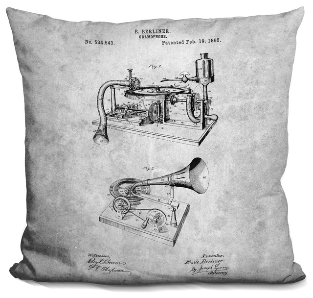 Gramophone Blueprint Decorative Accent Throw Pillow Industrial