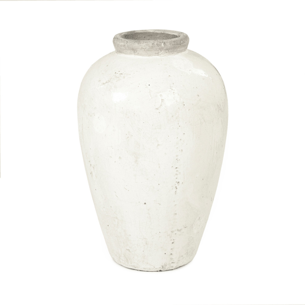 Distressed Terracotta Vase, Small, SemiGlazed, OffWhite Farmhouse