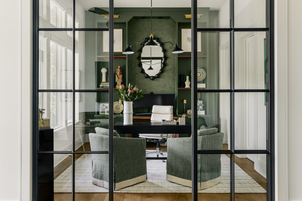 Inspiration for a mid-sized transitional freestanding desk medium tone wood floor and brown floor home office remodel in Atlanta with green walls