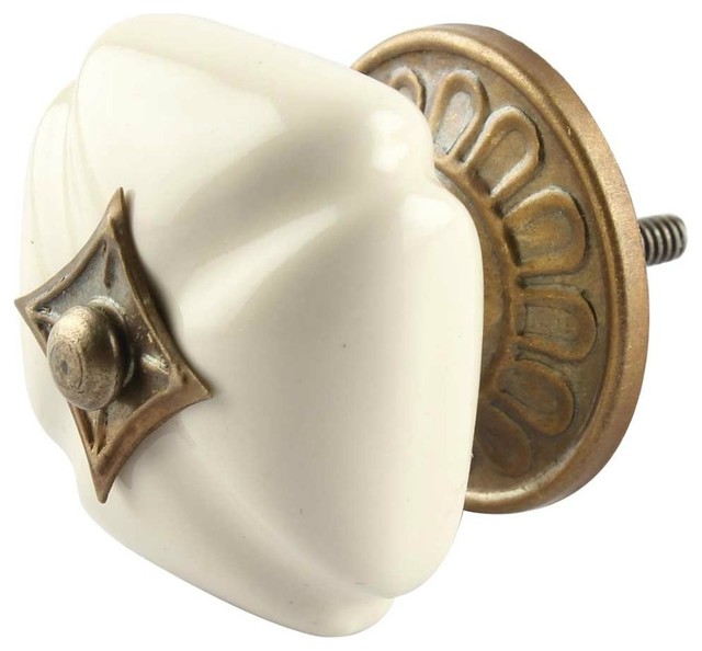 Set Of 4 Solid Cream Ceramic Cabinet Knobs Traditional Cabinet