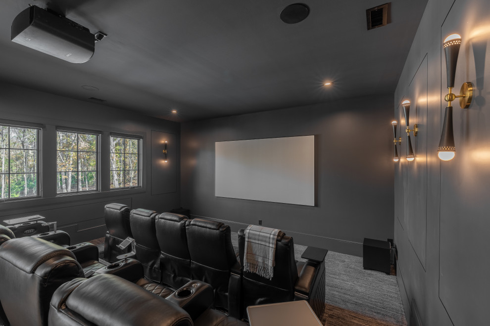 Photo of a transitional home theatre in Charlotte.