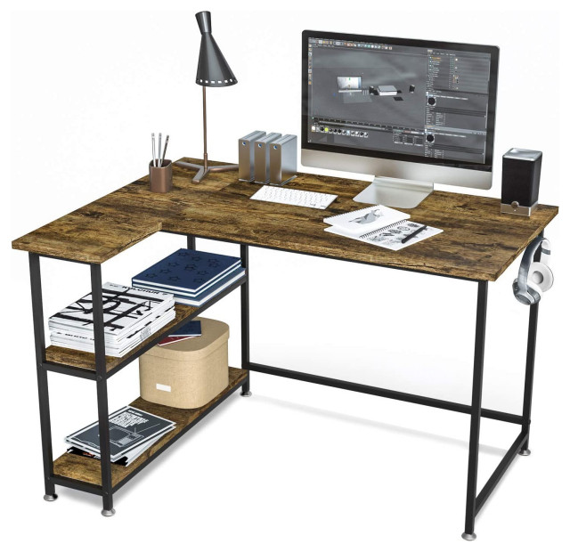 Industrial LShaped Desk, MDF Top and Shelves With Rustic Brown Finish