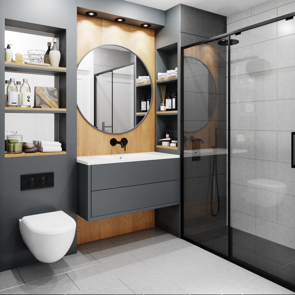 Photo of a small contemporary master bathroom in London with flat-panel cabinets, grey cabinets, an open shower, a wall-mount toilet, gray tile, porcelain tile, grey walls, porcelain floors, a drop-in sink, quartzite benchtops, grey floor, a sliding shower screen, white benchtops, a single vanity and a floating vanity.