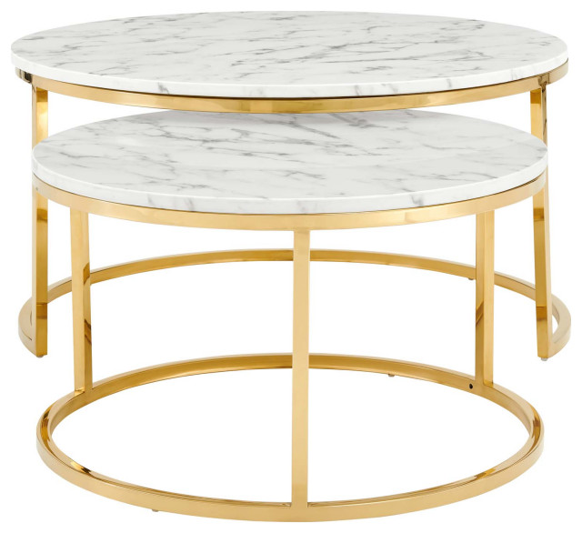 Coffee Table Nesting, Round, Artificial Marble, Metal, Gold White