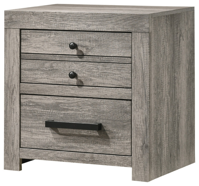 2 Drawer Wooden Nightstand With Metal Bar And Knob Pulls, Gray