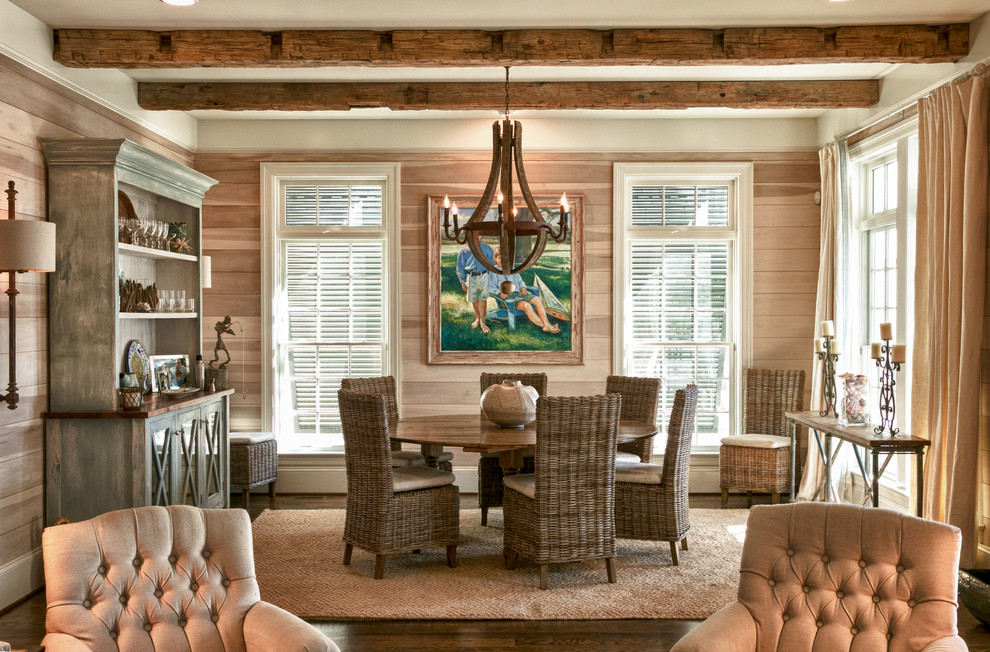 Inspiration for a beach style dining room in Raleigh with dark hardwood floors.