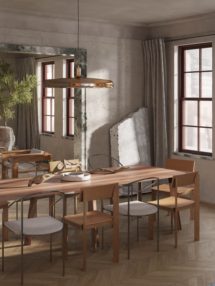 Idee per una sala da pranzo aperta verso la cucina minimalista di medie dimensioni con pareti beige, pavimento in legno massello medio, nessun camino e pavimento beige