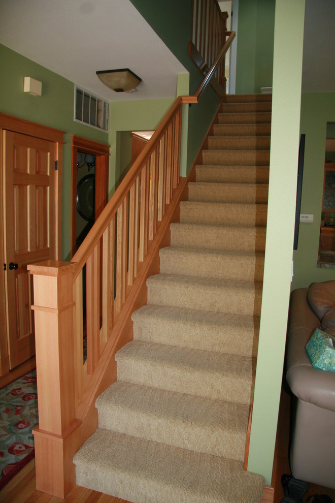 This is an example of a mid-sized traditional carpeted straight staircase in San Francisco with carpet risers.