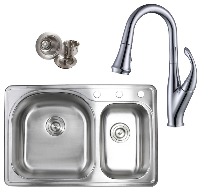 33" Topmount Stainless Steel 70/30 Double Bowl Kitchen Sink and Faucet