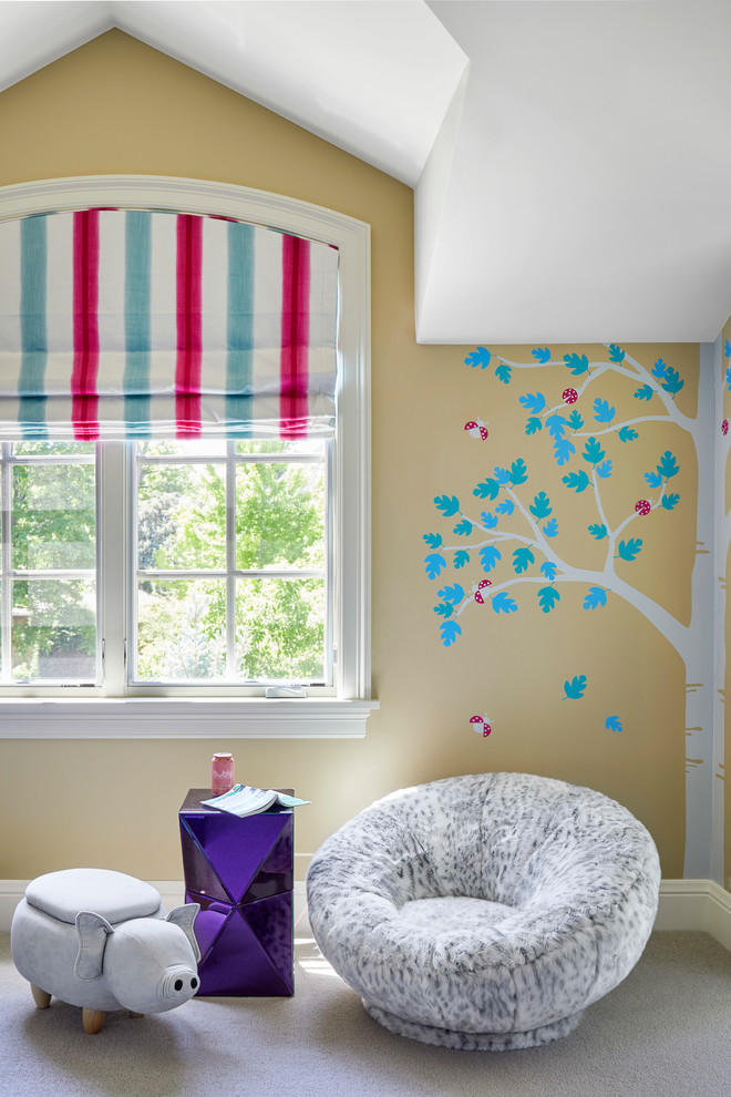 Design ideas for a large traditional kids' bedroom for kids 4-10 years old and girls in Denver with multi-coloured walls, carpet and grey floor.