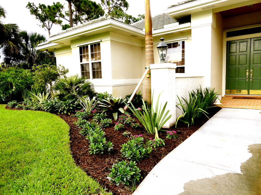 This is an example of a tropical front yard garden in Orlando.