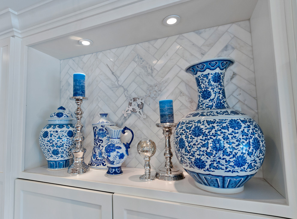 Riverton - Ewell - Inspiration for a timeless medium tone wood floor and brown floor kitchen remodel in Salt Lake City with an undermount sink, recessed-panel cabinets, white cabinets, marble countertops, white backsplash, marble backsplash and white countertops