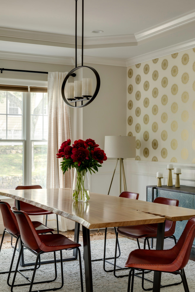 Design ideas for a mid-sized transitional separate dining room in Boston with metallic walls, medium hardwood floors, recessed and wallpaper.