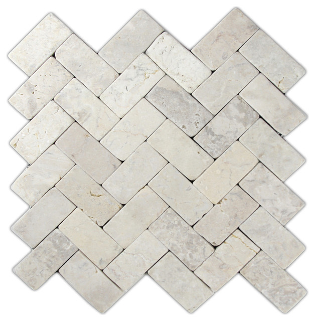 Herringbone Stone Mosaic Tile, Cream, 11"x12" Traditional Mosaic