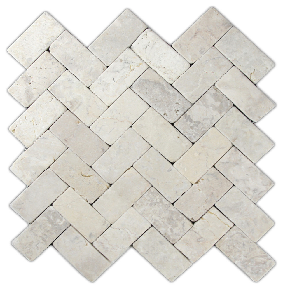11"x12" Cream Herringbone Stone Mosaic Tile Traditional Mosaic Tile
