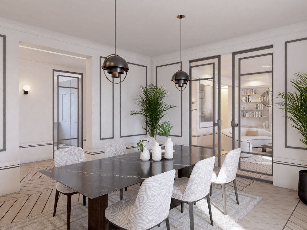 Imagen de comedor clásico renovado grande abierto con paredes blancas, suelo de madera en tonos medios y boiserie