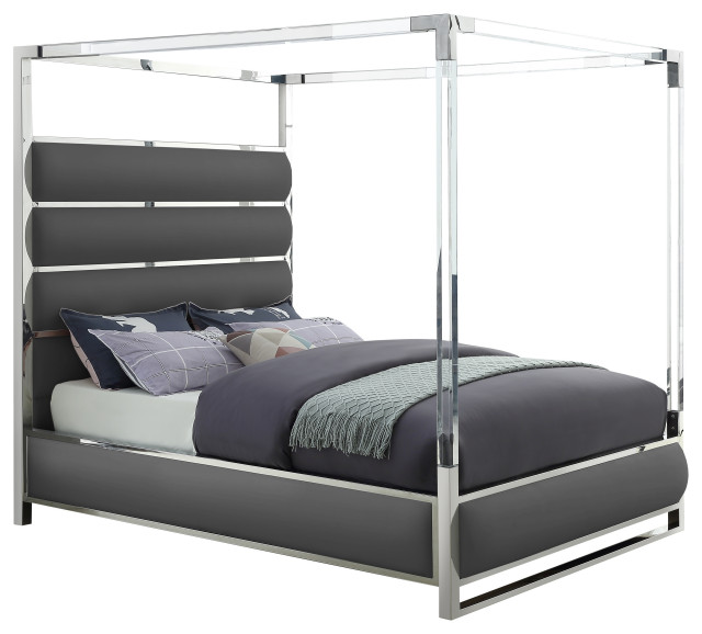 Meridian Encore Black Faux Leather King Bed, Silver Leather Bed