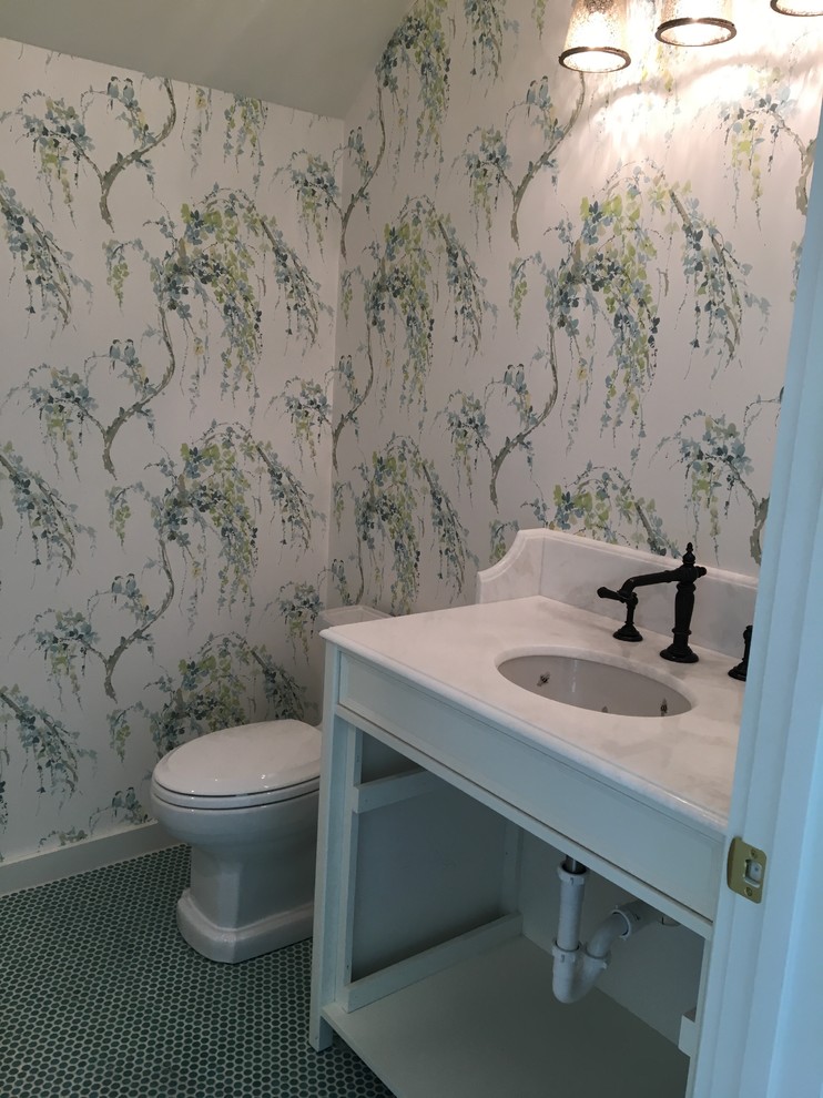 Inspiration for a mid-sized country powder room in Jacksonville with shaker cabinets, white cabinets, an undermount sink, marble benchtops, a one-piece toilet, white tile, subway tile, blue walls, porcelain floors and turquoise floor.