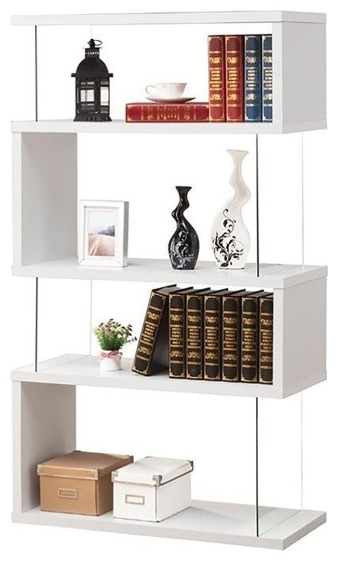 Bowery Hill 4-Shelf Asymmetrical Snaking Contemporary Wood Bookcase in White