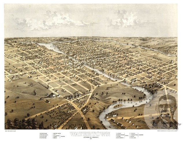 Old Map of Watertown Wisconsin 1867, Vintage Map Art Print, 24