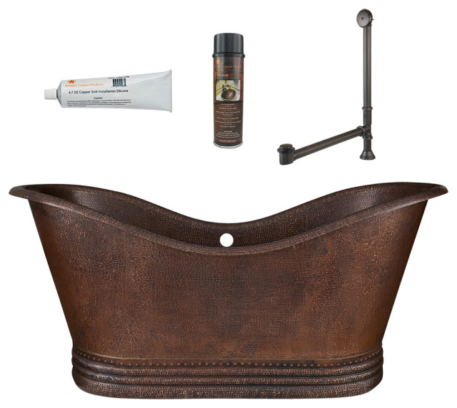 67" Hammered Copper Double Slipper Bathtub, Overflow Holes & Drain ...