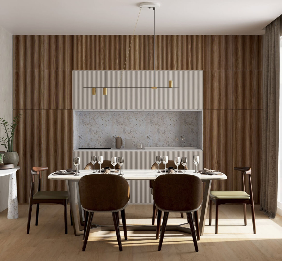 This is an example of a large contemporary dining room in Other with light hardwood floors and beige floor.