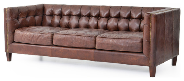 Christopher Rustic Lodge Tufted Straight Back Brown Leather Sofa