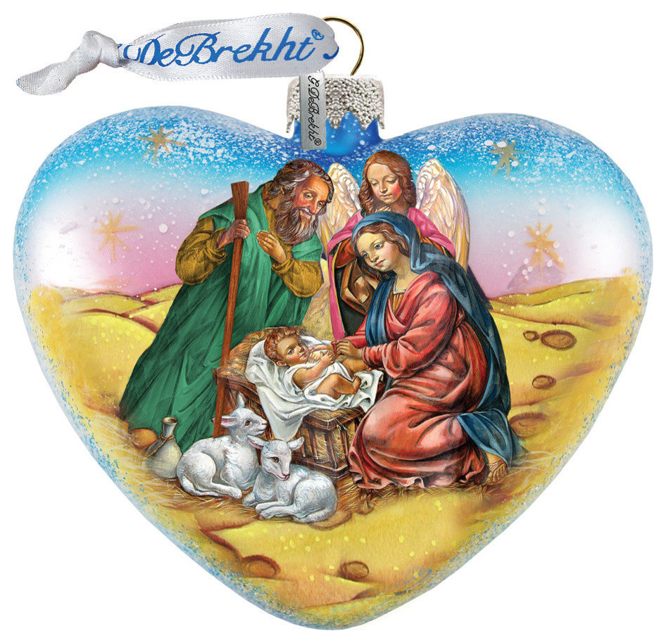 Hand Painted Nativity Heart Glass Scenic Ornament