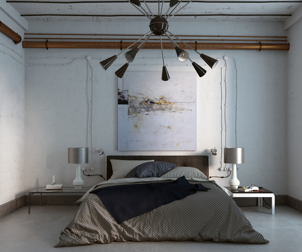 Design ideas for a mid-sized industrial master bedroom in Madrid with white walls, concrete floors and no fireplace.