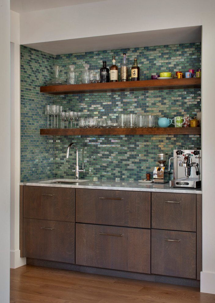 Inspiration for a modern single-wall wet bar in Other with multi-coloured splashback.