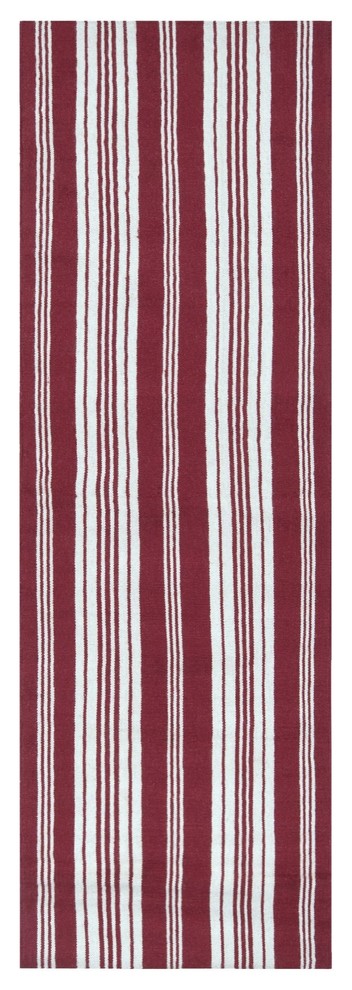 Solid/Striped Farmhouse Stripes Area Rug, Red-Ivory, Hallway Runner 2'6"x8'