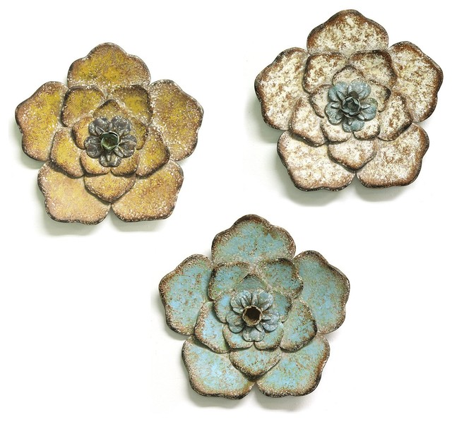 Stratton Home Decor Set Of 3 Rustic Flower Wall Farmhouse Metal Art By Houzz - Stratton Home Decor Flower Metal And Wood Furniture