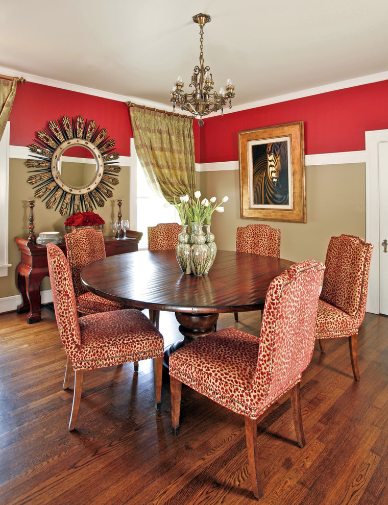 Mid-sized traditional separate dining room in Dallas with dark hardwood floors and multi-coloured walls.