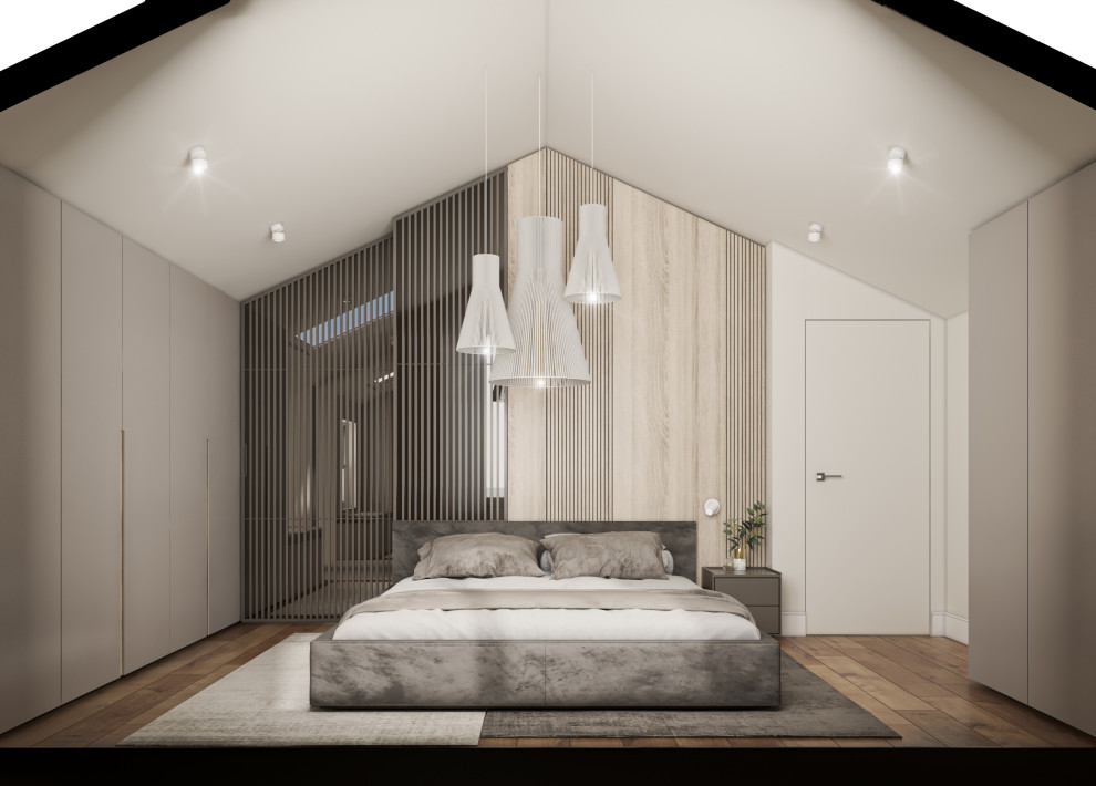Idées déco pour une grande chambre parentale contemporaine avec un mur blanc, un sol en bois brun et un sol marron.