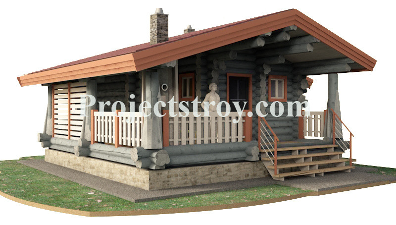 Log cabin of large diameter logs.