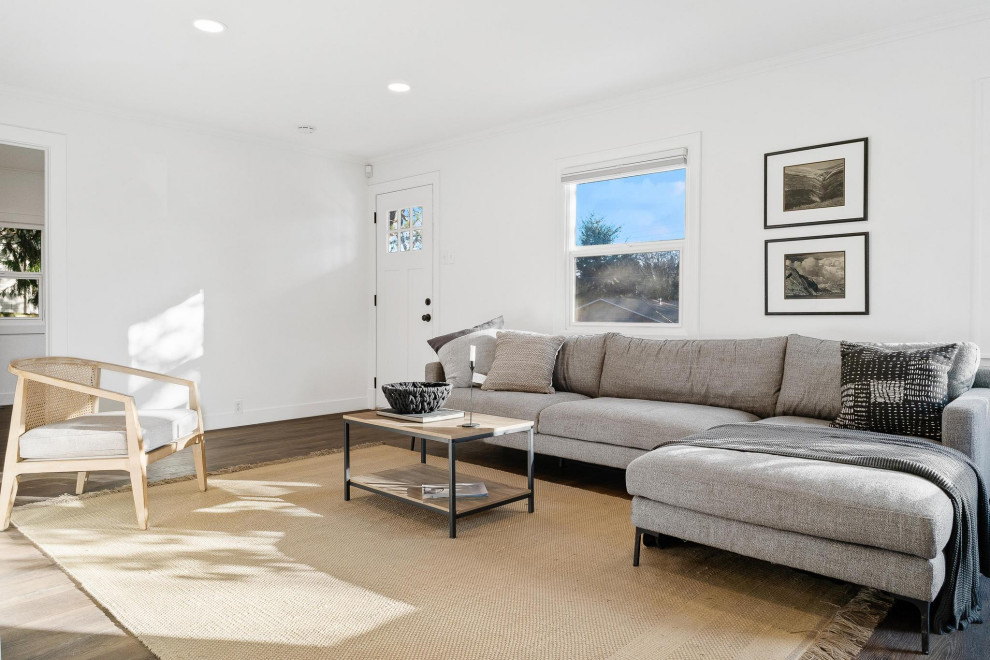 Inspiration for a transitional dark wood floor and brown floor living room remodel in Seattle